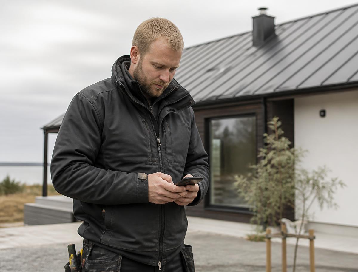 Hantverkare utanför ett modernt skandinaviskt hus tittar på sin telefon